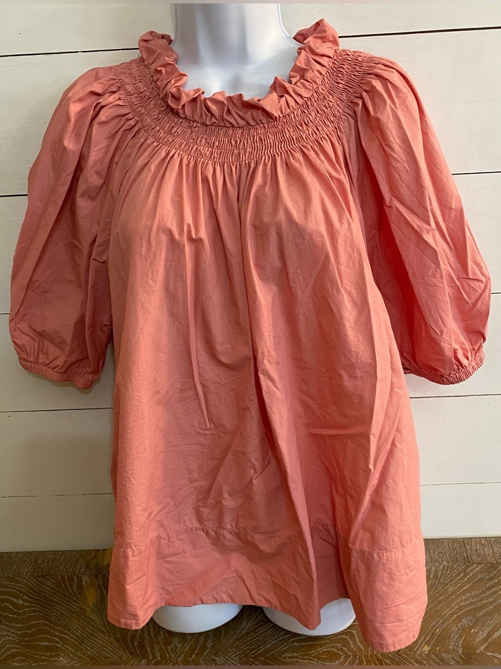 J Crew Women’s Sz XL Pink Smocked Neck Puff-Sleeve Cotton Poplin Top - Picture 5 of 17